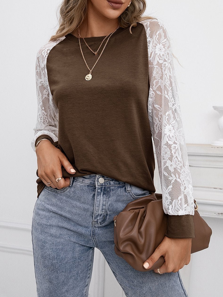Hollow Lace Stitching Long-sleeved Round Neck T-shirt - LuckyFash™