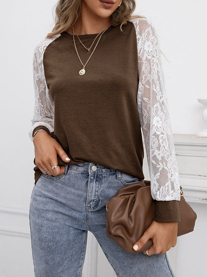 Hollow Lace Stitching Long-sleeved Round Neck T-shirt - LuckyFash™