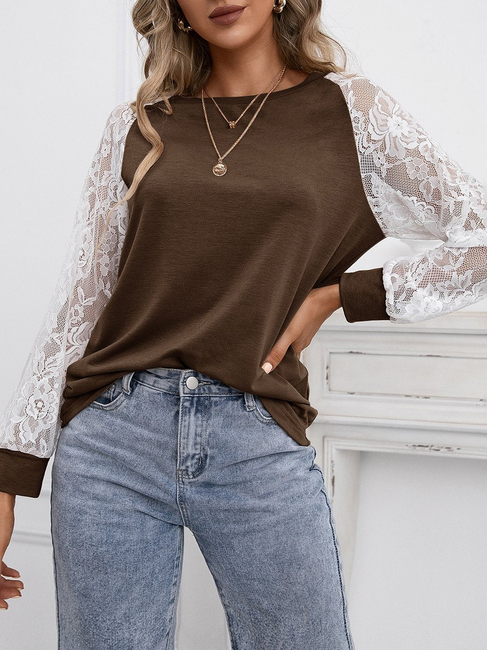 Hollow Lace Stitching Long-sleeved Round Neck T-shirt - LuckyFash™