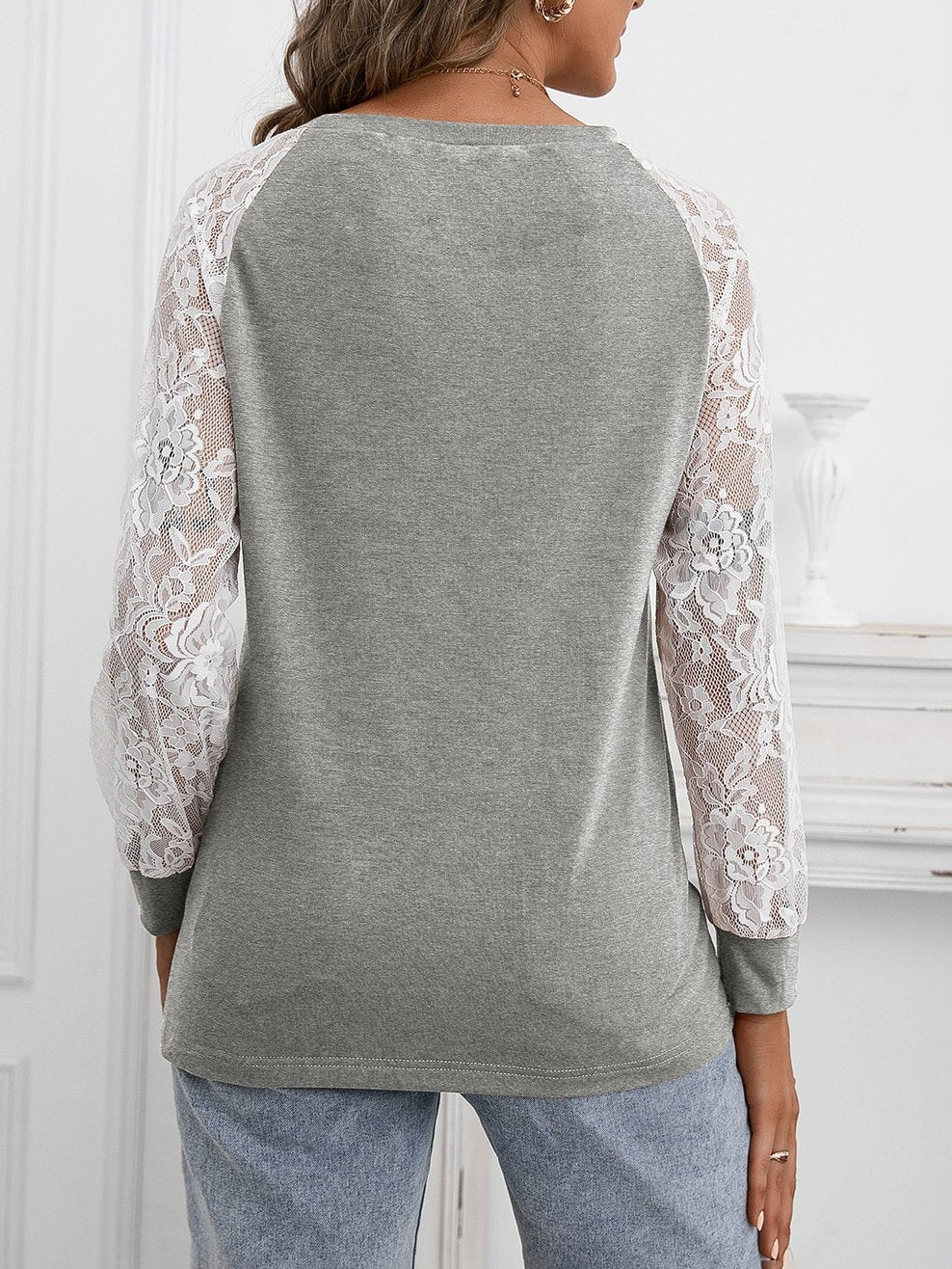 Hollow Lace Stitching Long-sleeved Round Neck T-shirt - LuckyFash™