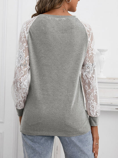 Hollow Lace Stitching Long-sleeved Round Neck T-shirt - LuckyFash™