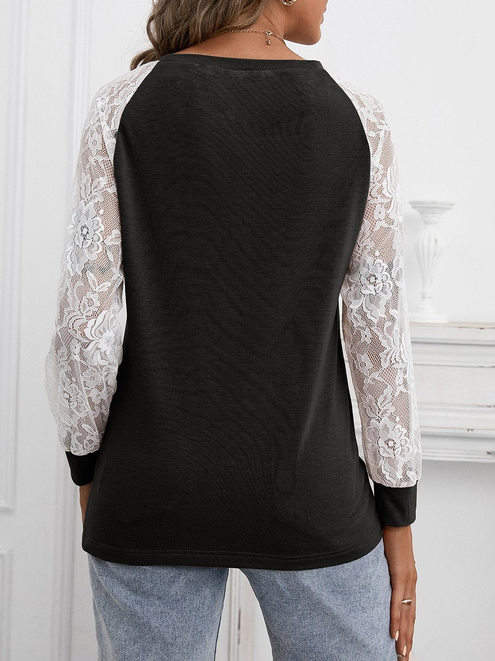Hollow Lace Stitching Long-sleeved Round Neck T-shirt - LuckyFash™