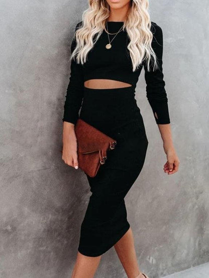 Hollow Long Sleeve Tight Midi Dress - LuckyFash™