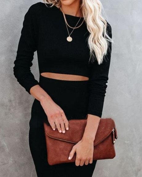 Hollow Long Sleeve Tight Midi Dress - LuckyFash™