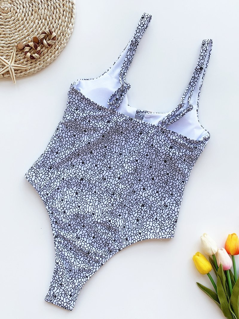 Hollow One-piece Swimsuit With Printed Buttons - LuckyFash™