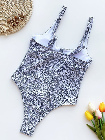 Hollow One-piece Swimsuit With Printed Buttons - LuckyFash™