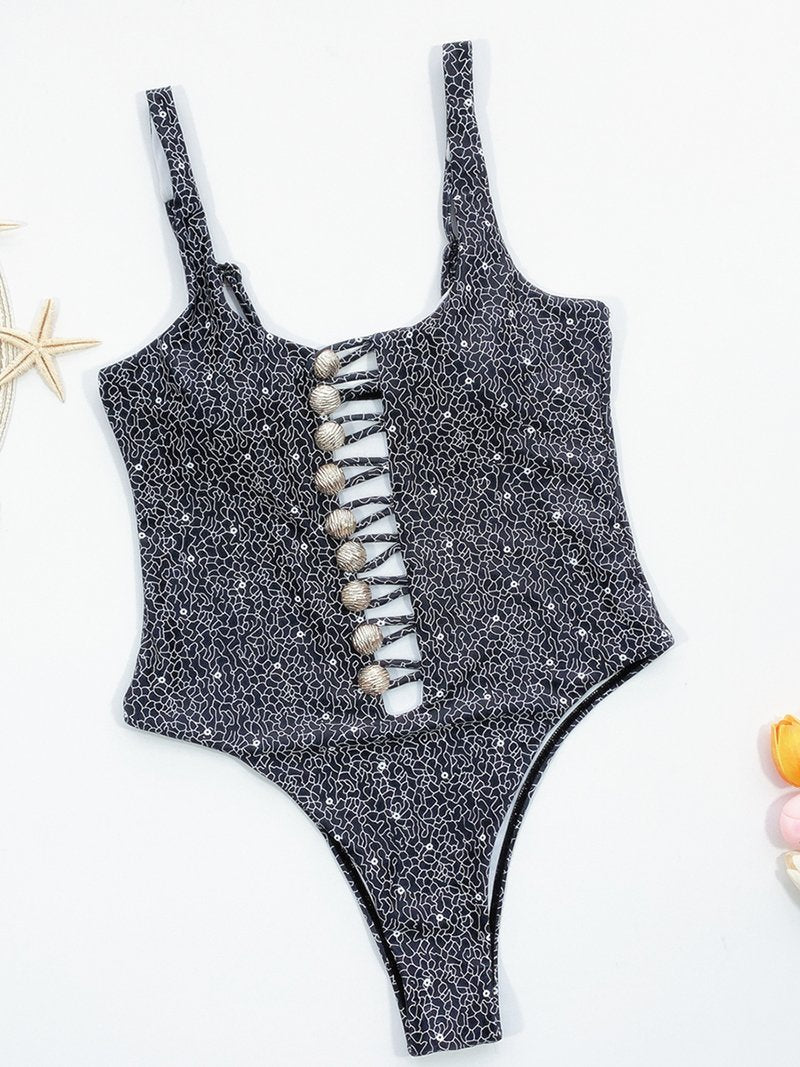 Hollow One-piece Swimsuit With Printed Buttons - LuckyFash™