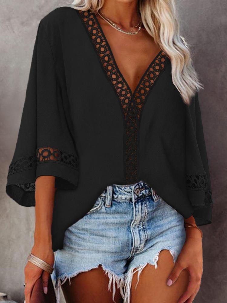 Hollow-out Bell Sleeve V-Neck Top - LuckyFash™