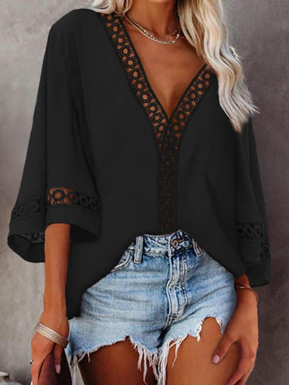Hollow-out Bell Sleeve V-Neck Top - LuckyFash™