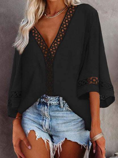 Hollow-out Bell Sleeve V-Neck Top - LuckyFash™