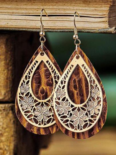 Hollow Out Floral Water Drop Leather Earrings - LuckyFash™