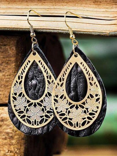 Hollow Out Floral Water Drop Leather Earrings - LuckyFash™