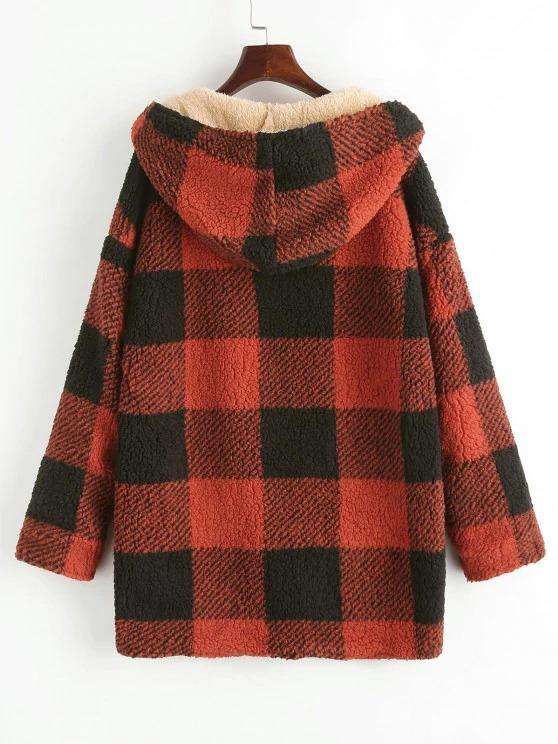 Hooded Checked Fluffy Borg Teddy Reversible Coat - LuckyFash™