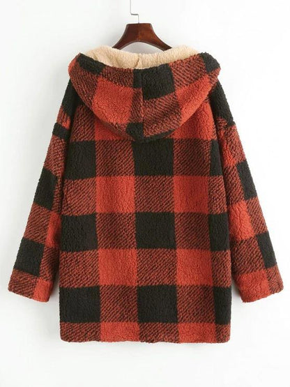 Hooded Checked Fluffy Borg Teddy Reversible Coat - LuckyFash™
