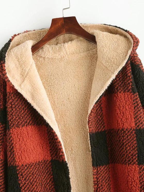 Hooded Checked Fluffy Borg Teddy Reversible Coat - LuckyFash™