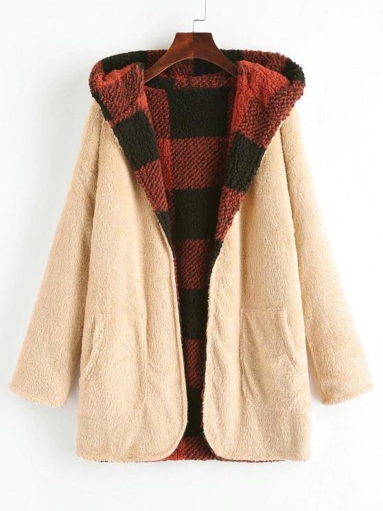 Hooded Checked Fluffy Borg Teddy Reversible Coat - LuckyFash™