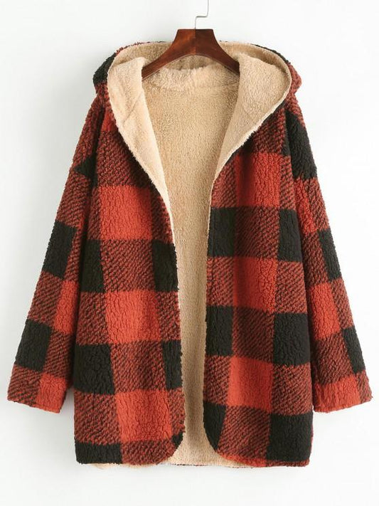 Hooded Checked Fluffy Borg Teddy Reversible Coat - LuckyFash™