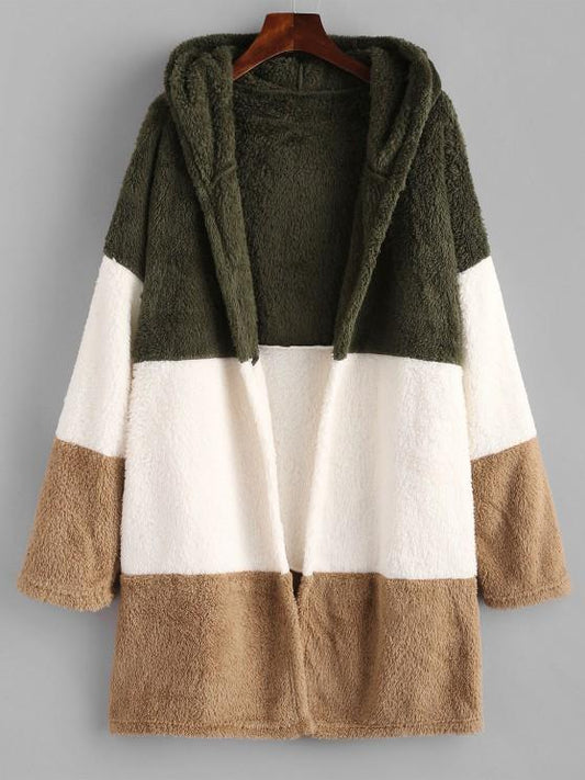 Hooded Color Blocking Fluffy Drop Shoulder Coat - LuckyFash™