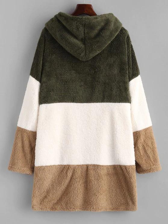 Hooded Color Blocking Fluffy Drop Shoulder Coat - LuckyFash™