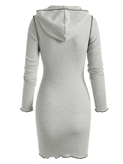 Hooded Rib-knit Slinky Topstitching Bodycon Dress - LuckyFash™