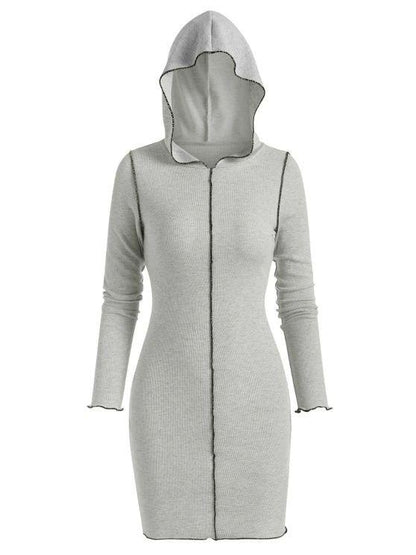 Hooded Rib-knit Slinky Topstitching Bodycon Dress - LuckyFash™