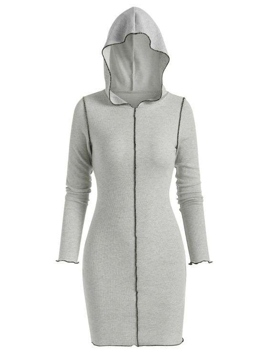 Hooded Rib-knit Slinky Topstitching Bodycon Dress - LuckyFash™