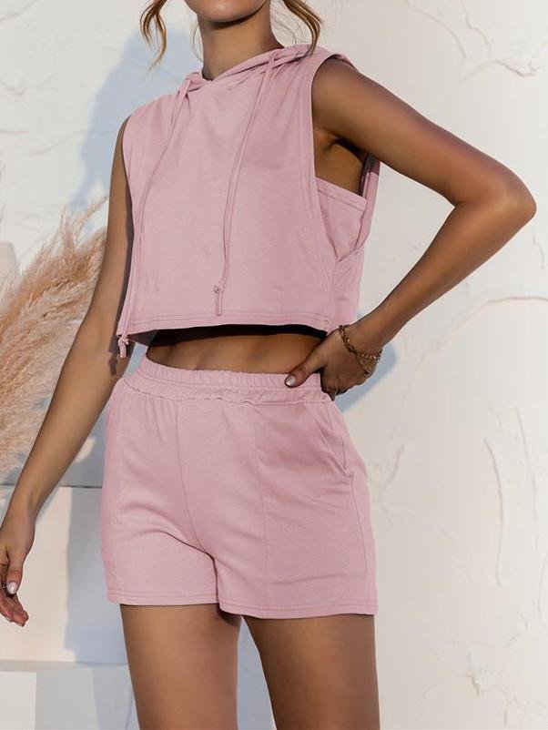 Hooded Sleeveless Lace Pocket Casual Shorts Set - LuckyFash™
