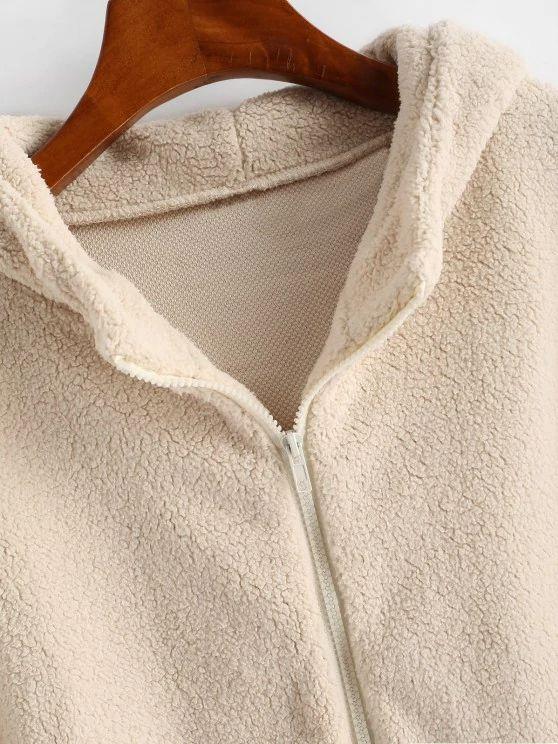 Hooded Zip Up Faux Shearling Pockets Coat - LuckyFash™