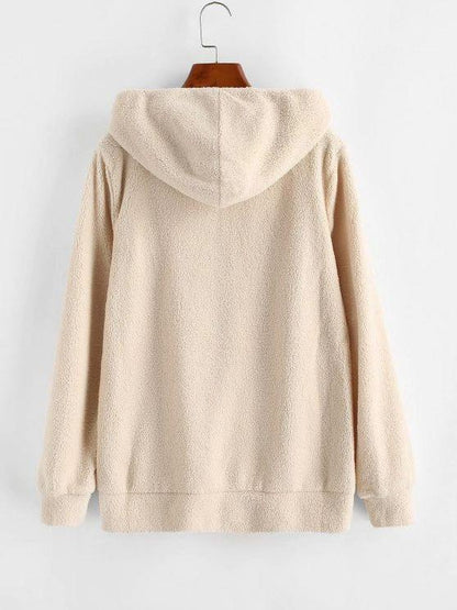 Hooded Zip Up Faux Shearling Pockets Coat - LuckyFash™