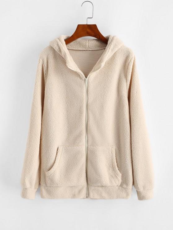 Hooded Zip Up Faux Shearling Pockets Coat - LuckyFash™
