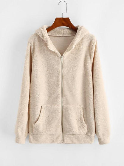 Hooded Zip Up Faux Shearling Pockets Coat - LuckyFash™
