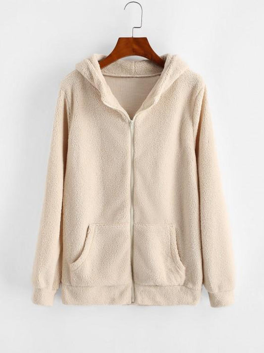 Hooded Zip Up Faux Shearling Pockets Coat - LuckyFash™