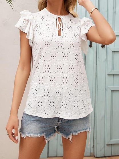 Hook Flower Cut-out Tie Neckline Ruffle Sleeve Blouse - LuckyFash™