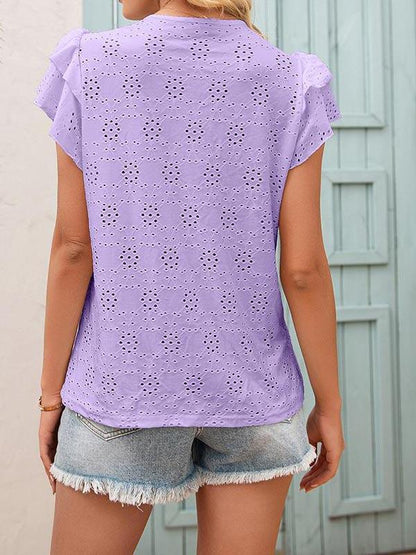 Hook Flower Cut-out Tie Neckline Ruffle Sleeve Blouse - LuckyFash™