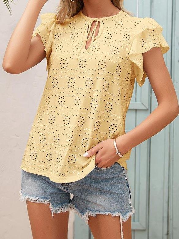 Hook Flower Cut-out Tie Neckline Ruffle Sleeve Blouse - LuckyFash™