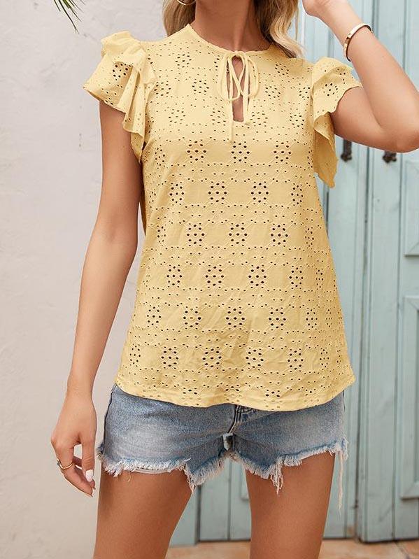 Hook Flower Cut-out Tie Neckline Ruffle Sleeve Blouse - LuckyFash™