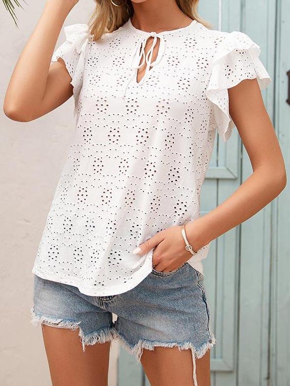 Hook Flower Cut-out Tie Neckline Ruffle Sleeve Blouse - LuckyFash™