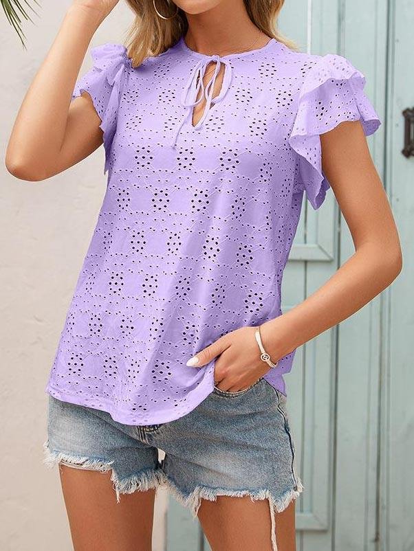 Hook Flower Cut-out Tie Neckline Ruffle Sleeve Blouse - LuckyFash™