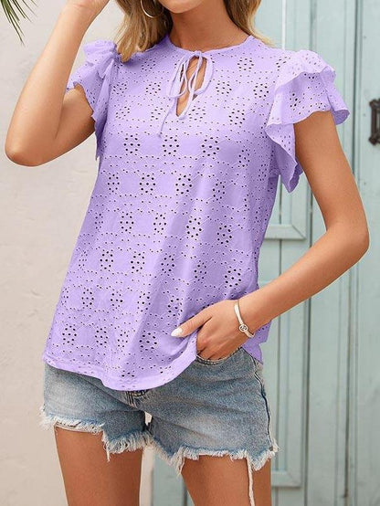 Hook Flower Cut-out Tie Neckline Ruffle Sleeve Blouse - LuckyFash™