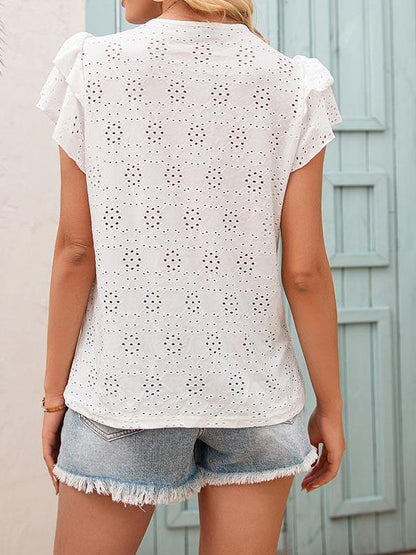 Hook Flower Cut-out Tie Neckline Ruffle Sleeve Blouse - LuckyFash™