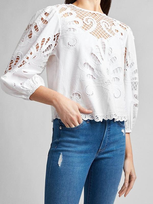 Hook Flower Hollow out Lace up Top Blouse - LuckyFash™