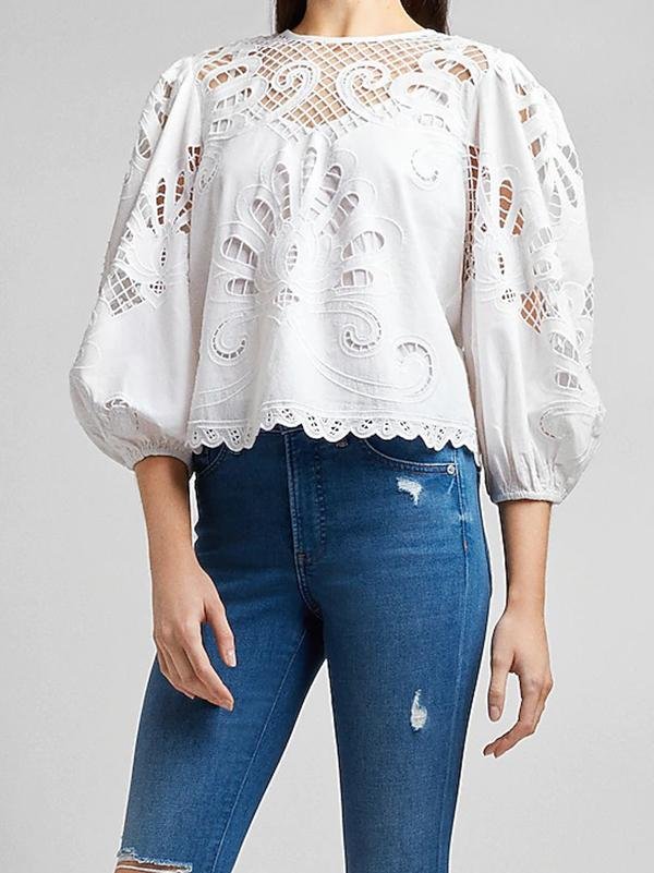 Hook Flower Hollow out Lace up Top Blouse - LuckyFash™