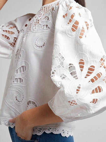 Hook Flower Hollow out Lace up Top Blouse - LuckyFash™