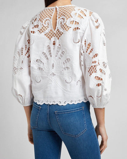Hook Flower Hollow out Lace up Top Blouse - LuckyFash™