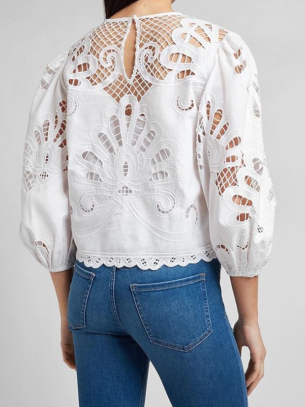 Hook Flower Hollow out Lace up Top Blouse - LuckyFash™