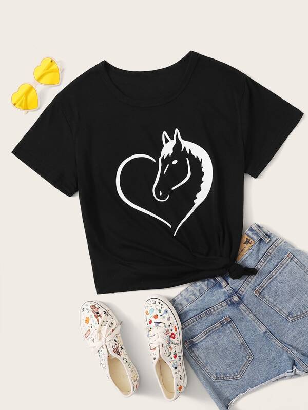 Horse And Heart Print Tee - LuckyFash™