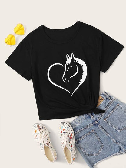Horse And Heart Print Tee - LuckyFash™