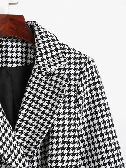 Houndstooth Belted Pocket Tweed Blazer - LuckyFash™