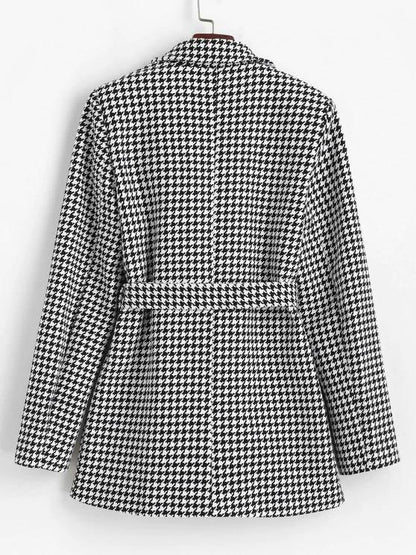 Houndstooth Belted Pocket Tweed Blazer - LuckyFash™