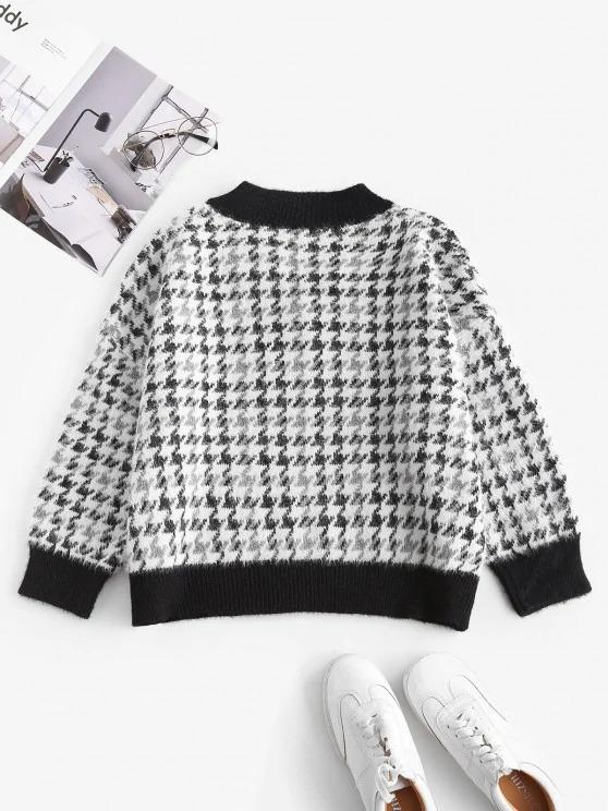 Houndstooth Fuzzy Loose Sweater - LuckyFash™